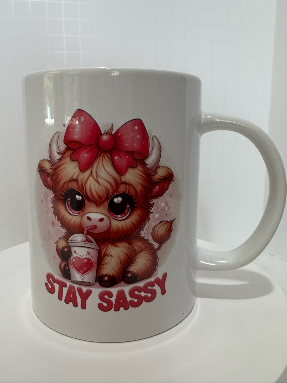 Highland Cow “Stay Sassy”Ceramic White Mug Handmade 15oz - New